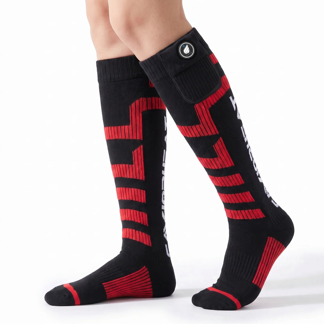 Verwarmde skisokken zwart/rood aan het been